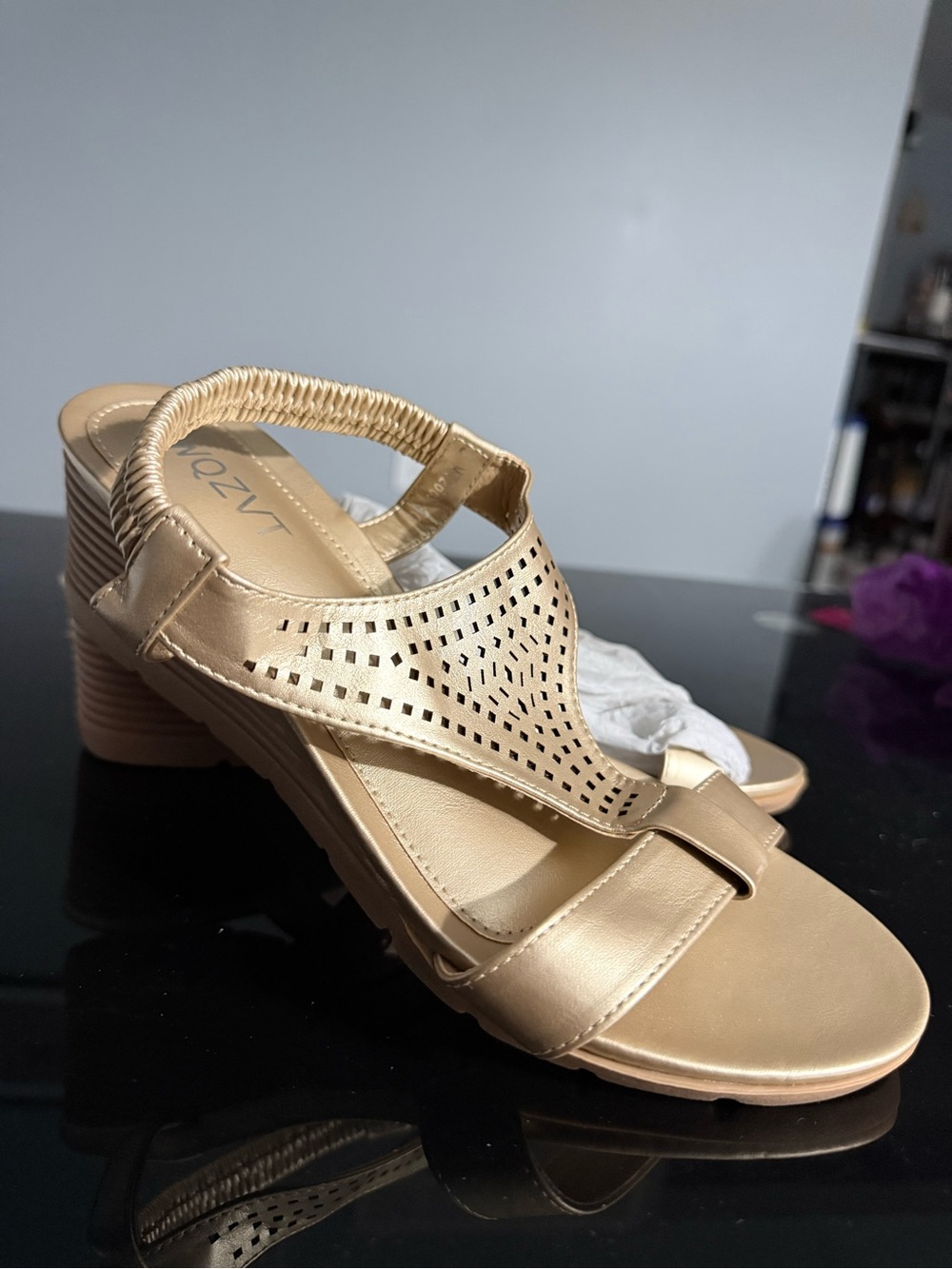 Women's Gold Block Heel Sandals with Laser-Cut Upper
